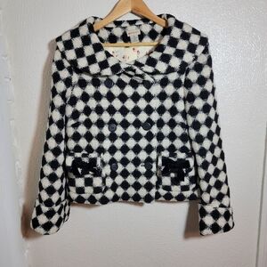 y2k Anthro Elevenses Virgin Wool Diamond Check Velvet Accent Pea Coat sz 10